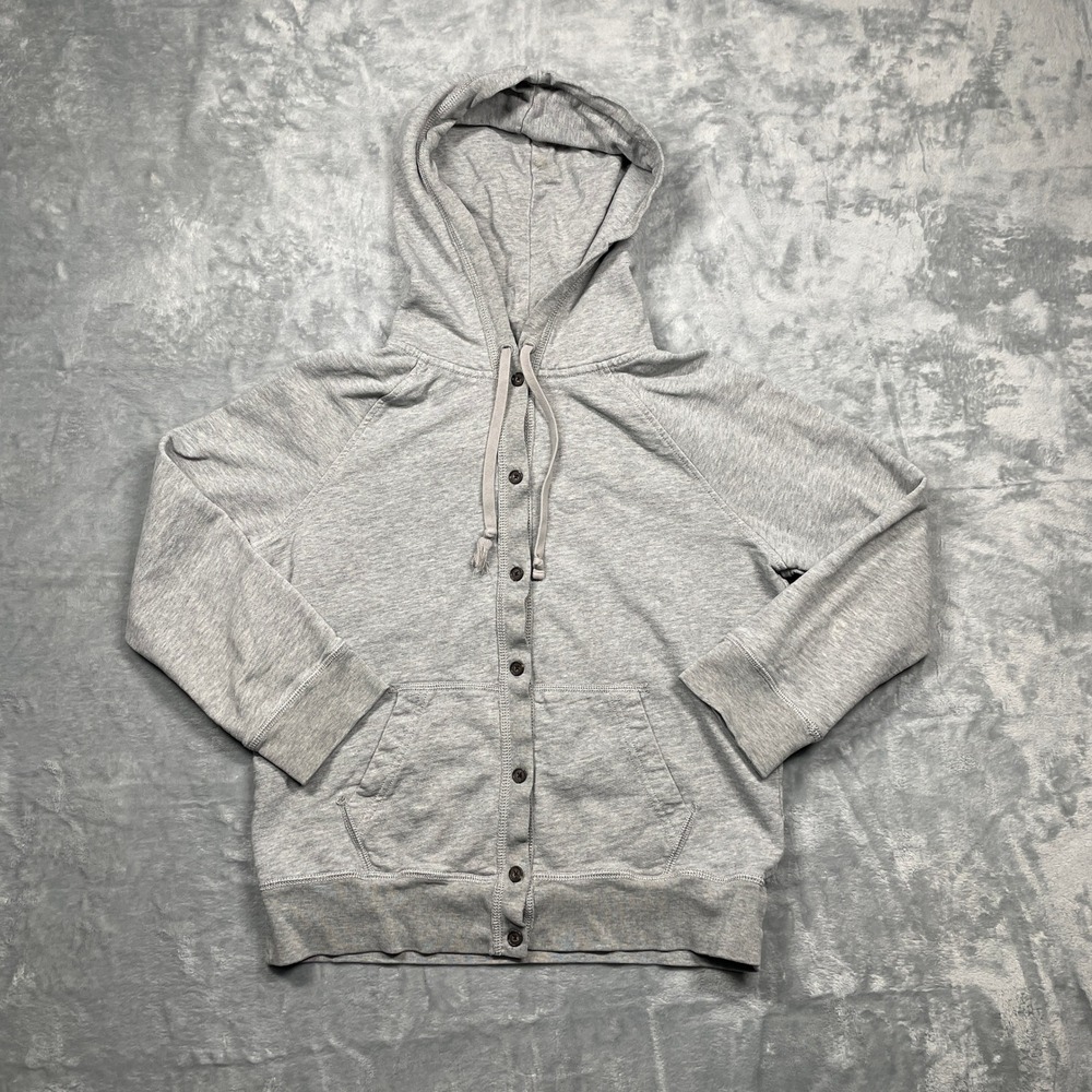 J.Crew Women Button Up Front Hoodie M Gray French Terry Cotton Hooded Sweatshirt